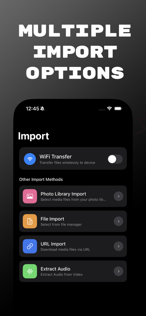 Music Player: Offline & Stream - Import screen of the music player app showing options for WiFi transfer and file import