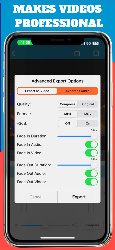 AudioFix Pro: For Video Volume - Advanced export options menu in AudioFix Pro app displaying video and audio quality settings