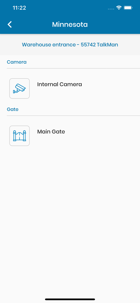 CellGate Mobile Connect app screen showing camera and gate control options for a warehouse entrance in Minnesota