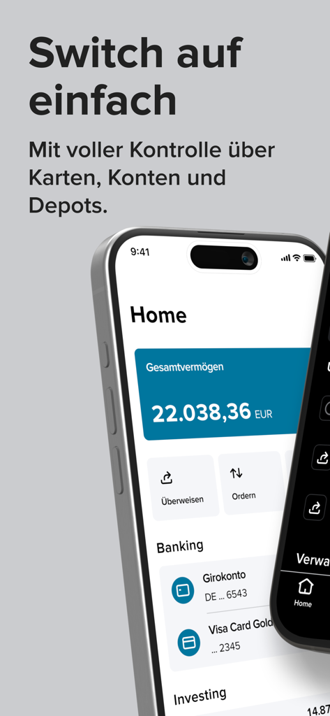 Consorsbank - Tableau de bord de l'application mobile Consorsbank affichant le solde du compte en euros et les services bancaires intégrés