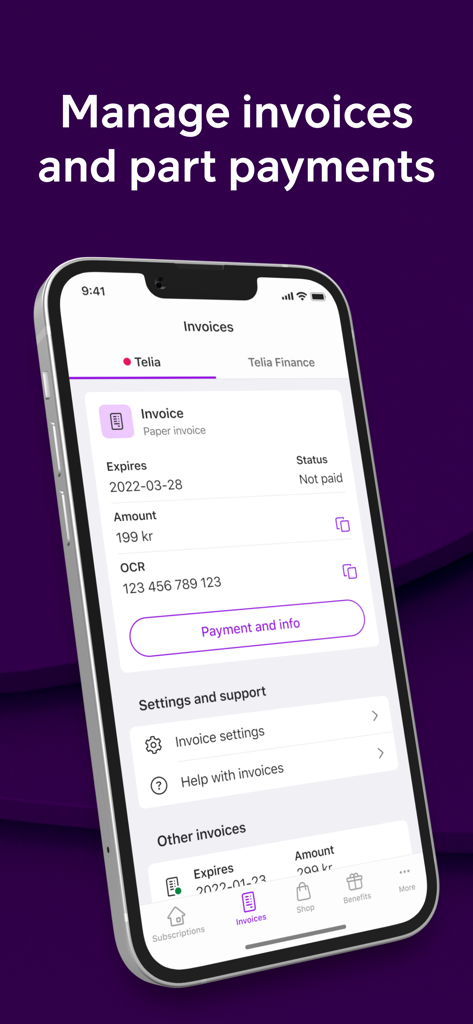 Mitt Telia - Interface of the Mitt Telia app showing invoice details, expiration dates, and payment options on a mobile device