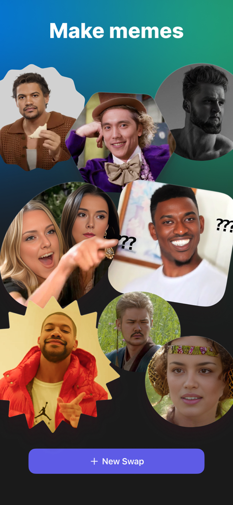 Tela de aplicativo móvel mostrando vários modelos de memes para troca de rostos IA.