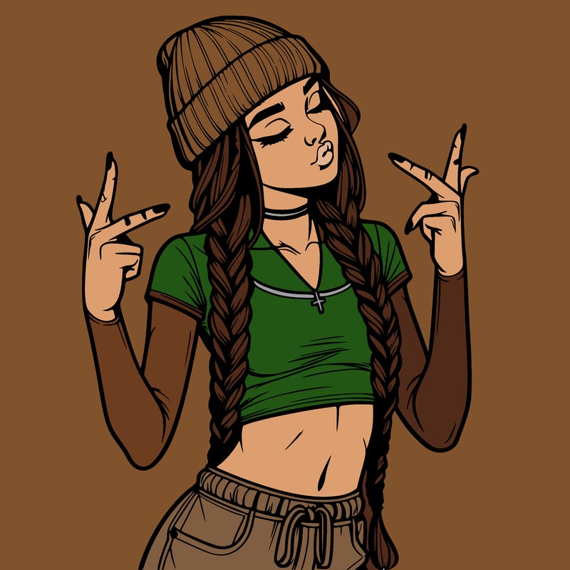 realistic teenage girl with braids and a beanie and crop top doing 🫶🏼