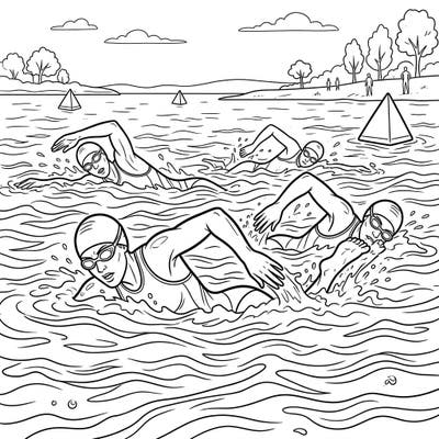 Experience the thrill of open-water racing with this dynamic coloring page featuring triathlon swimmers. Capture the powerful strokes and splashes as athletes compete towards the finish line.