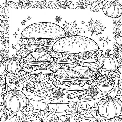 Celebrate the flavors of fall with this inviting coloring page featuring two delicious bacon cheeseburgers. Surrounded by classic autumn elements like pumpkins and leaves, it's a perfect blend of savory and seasonal fun.