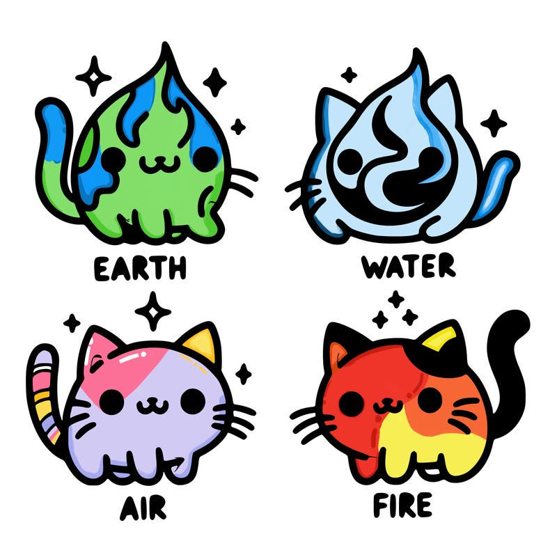 4 cats that represent the different elements, earth, water, air, and fire