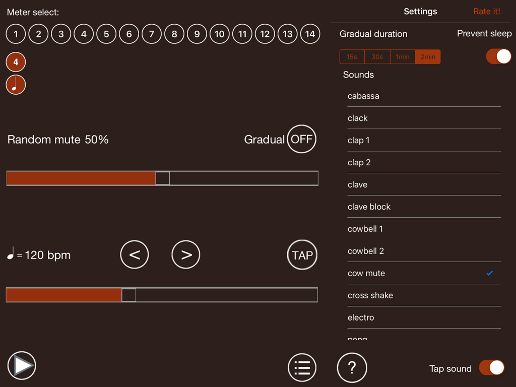 Interfaccia dell'app metronomo Time Guru su iPad che mostra le impostazioni del ritmo e le opzioni sonore