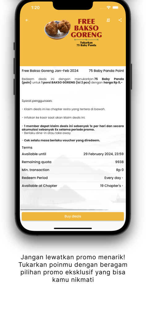 Yamie Panda - Yamie Pandaアプリの画面。無料のバクソ・ゴレンのロイヤルティ特典交換ページを表示しています。