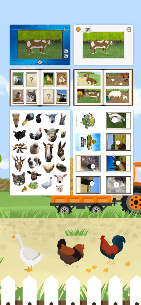 Colagem de recursos do aplicativo Mundo Animal incluindo álbuns digitais de fotografia de animais e atividades imprimíveis para crianças