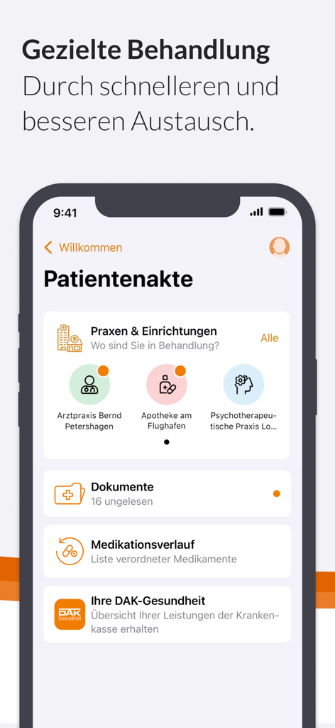 DAK ePA - DAK ePA Mobile App-Oberfläche mit Patientenakten, Dokumenten und Medikationshistorie.