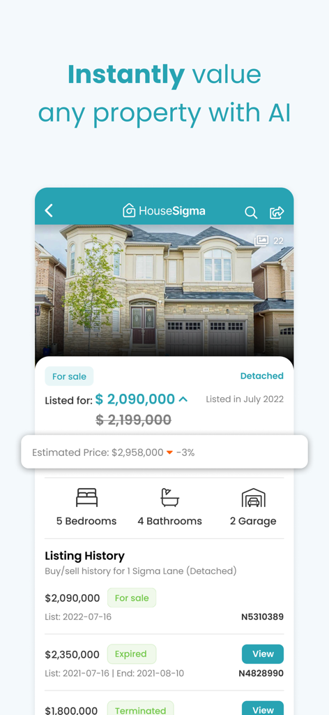 HouseSigma app screen showing an AI property valuation for a detached house listing