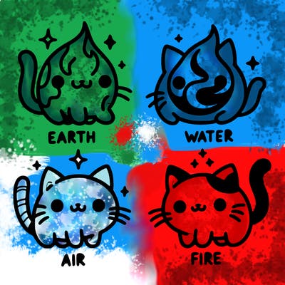 4 cats that represent the different elements, earth, water, air, and fire