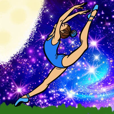 gymnast doing a leap in a leotard with a bent back leg