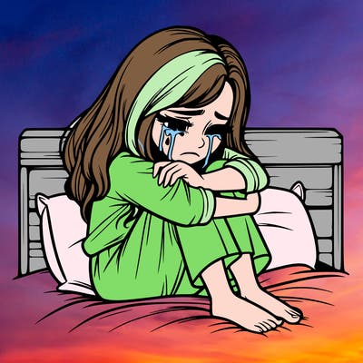 realistic girl crying on her bed over a break up