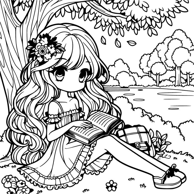 cute anime girl with long wavy hair and a flower in it wearing a flowy short dress sitting by tree in beautiful garden in summer reading a book from side view