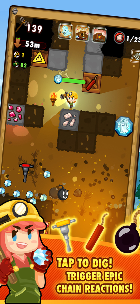 Pocket Mine 2 - Pocket Mine 2 mobile game screen showing mining adventure gameplay with explosive chain reactions and a character digging