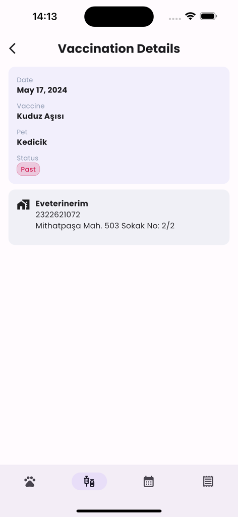 Veterian - Pet Health & Care - Veterianアプリのスナップショット。日付やクリニック情報を含むペットの予防接種の詳細が表示されています。