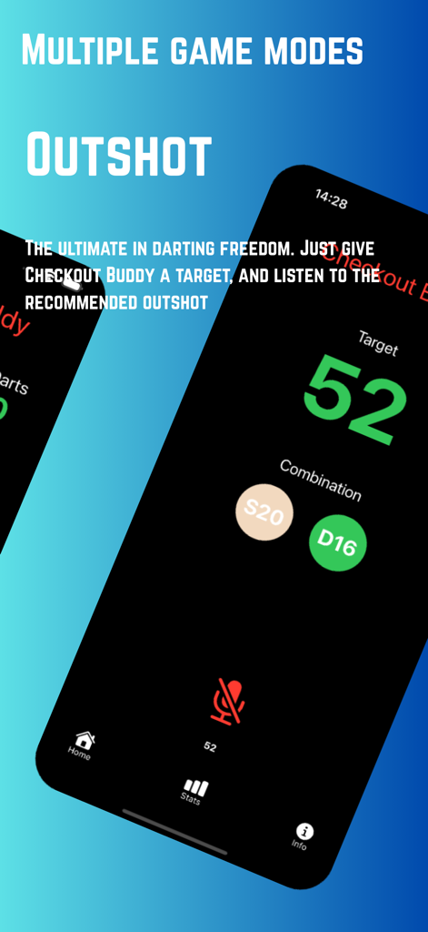 Checkout Buddy - Checkout Buddy app interface showing the outshot mode with a target of 52 and a recommended combination of single 20 and double 16