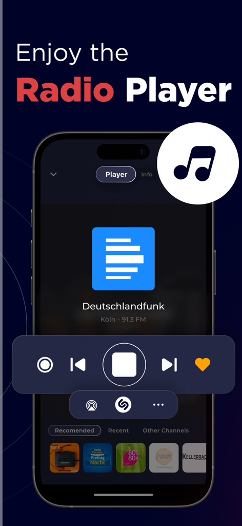 Pantalla de smartphone que muestra la interfaz de reproducción de la aplicación Radio Alemania reproduciendo Deutschlandfunk con botones de control e integración de Shazam.