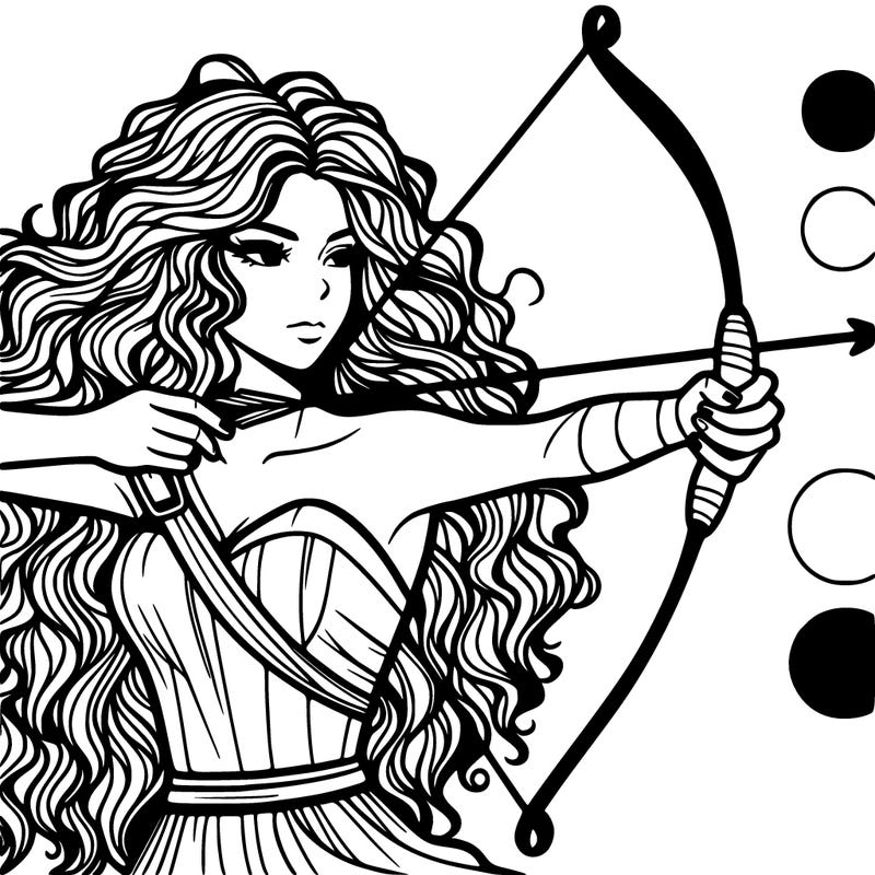 a woman with long messy curly hair using a bow to shoot arrow realistic
