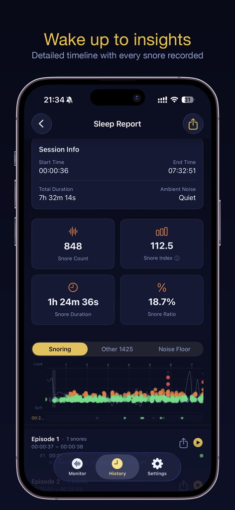 NightSnore - A mobile app screen showing a detailed sleep report with snoring count index and duration statistics.
