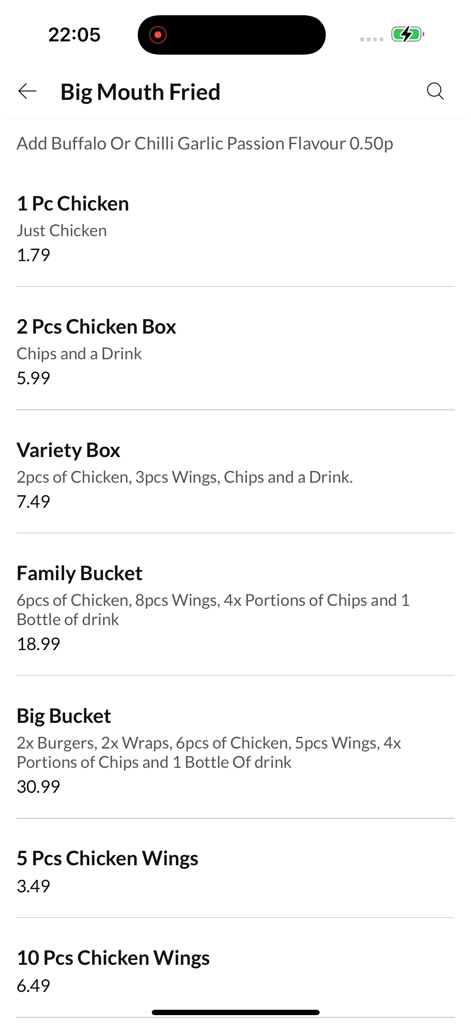 Big Mouth Peterborough - A menu screen from the Big Mouth Peterborough app listing various fried chicken boxes, buckets, and wings with their prices.