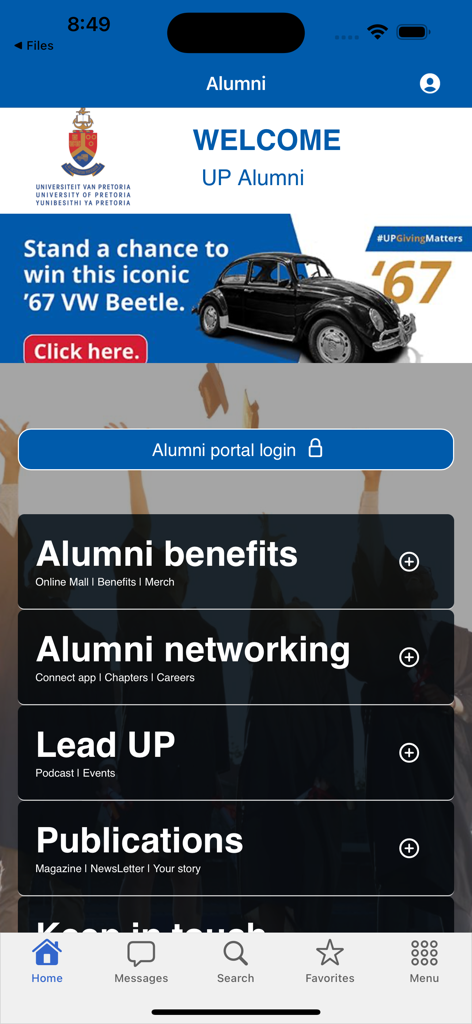 UP Mobile App - Dashboard del portale e dei servizi per gli ex studenti dell'Università di Pretoria nell'app mobile UP