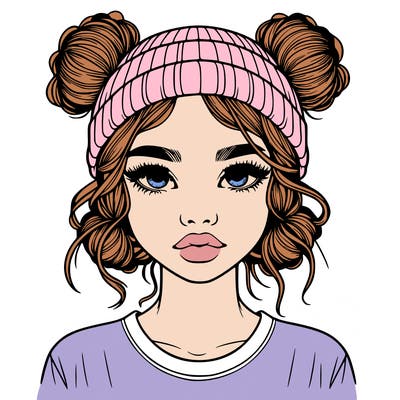 realistic girl with buns in her hair with a beanie on