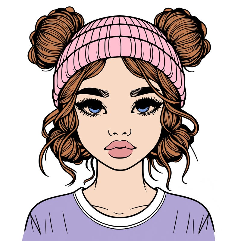 realistic girl with buns in her hair with a beanie on