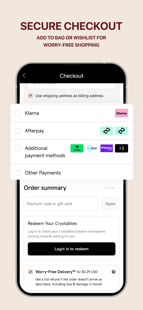 MICAS - Shop Women's Fashion - Página de pago de la app móvil MICAS que muestra métodos de pago seguros, incluyendo Klarna y Afterpay, además del resumen del pedido.