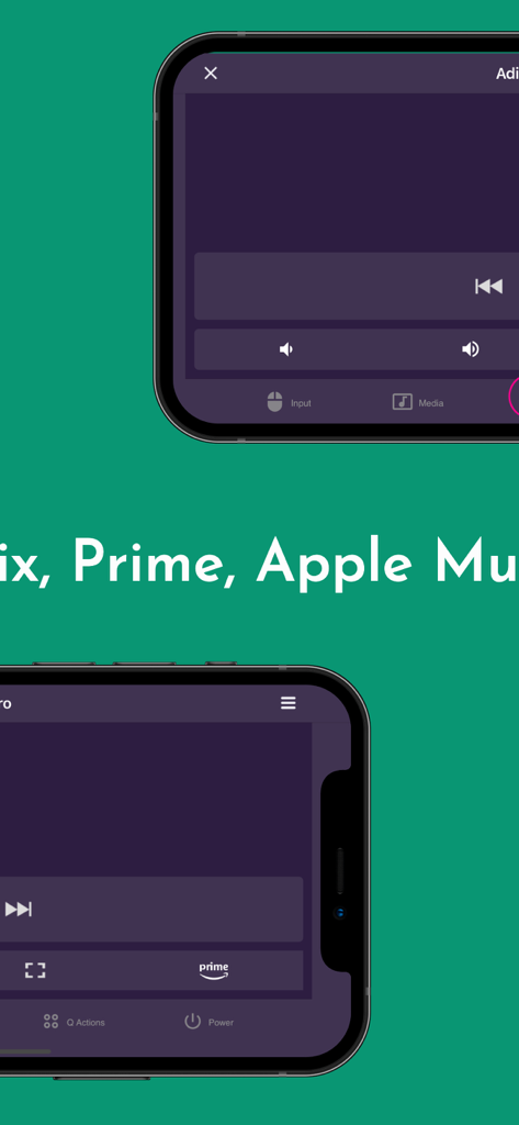 Interfaz de la aplicación remota PRO en dos smartphones mostrando controles de reproducción multimedia para servicios de streaming como Amazon Prime