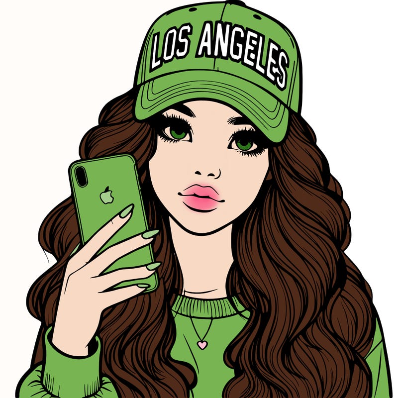 realistic beautiful girl wearing los ángeles cap holding an iphone
