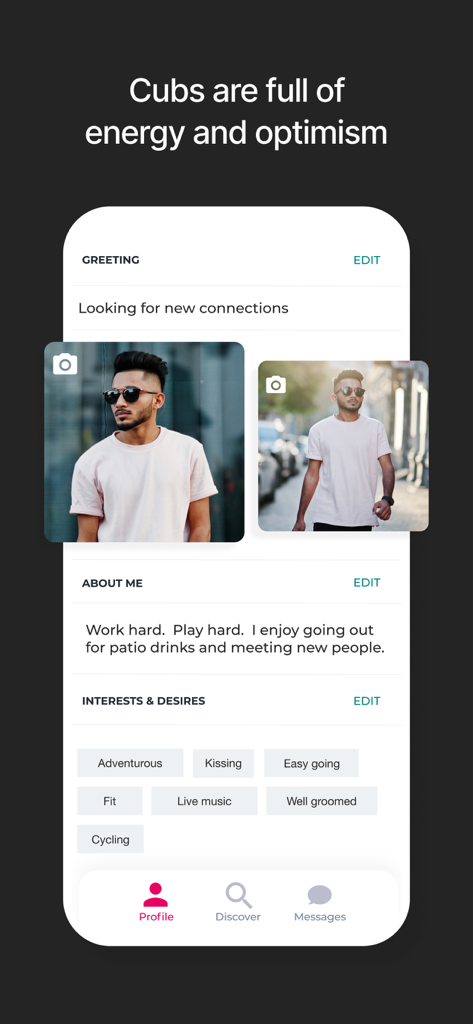 Cougar Life: Cougar Dating App - Una vista previa del perfil de un usuario masculino joven conocido como 'cub' en la aplicación de citas Cougar Life mostrando su biografía e intereses.
