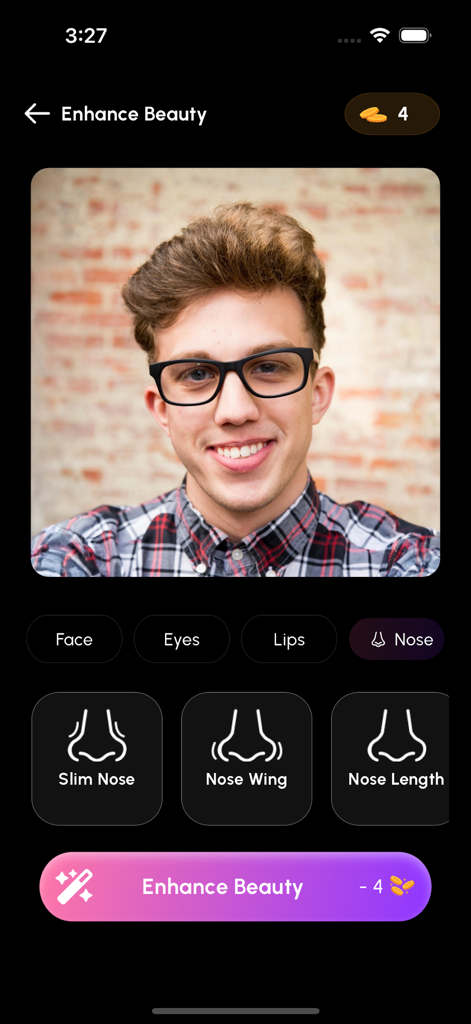 Hair Color Changer : AI Hair - Interfaz de mejora de belleza con IA con opciones de modelado de nariz para un retrato masculino.