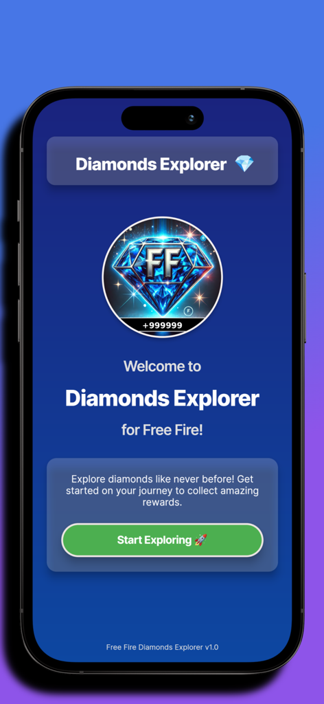 Diamonds Explorer For Freefire - Welcome screen of Diamonds Explorer for Free Fire app featuring a blue diamond logo and a green start exploring button