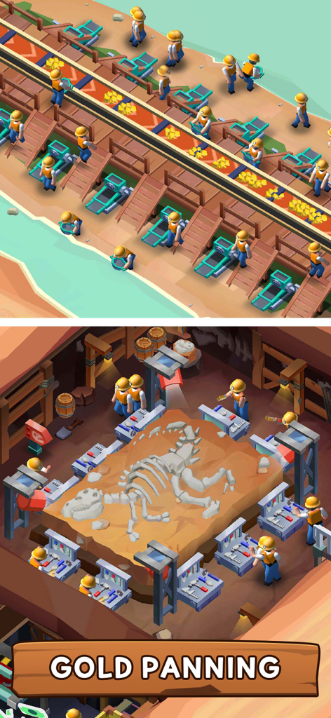 Mineros de dibujos animados buscando oro y excavando un esqueleto de dinosaurio en un juego de magnate de fábrica