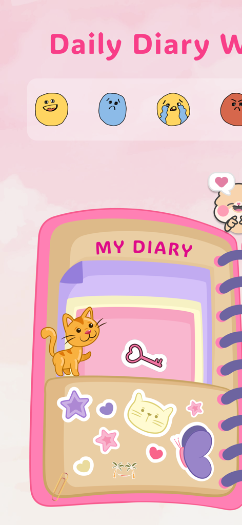 My Daily Diary - Mood Journal - 귀여운 분홍색 디지털 일기장에 기분 추적 아이콘과 장식용 스티커가 있습니다.