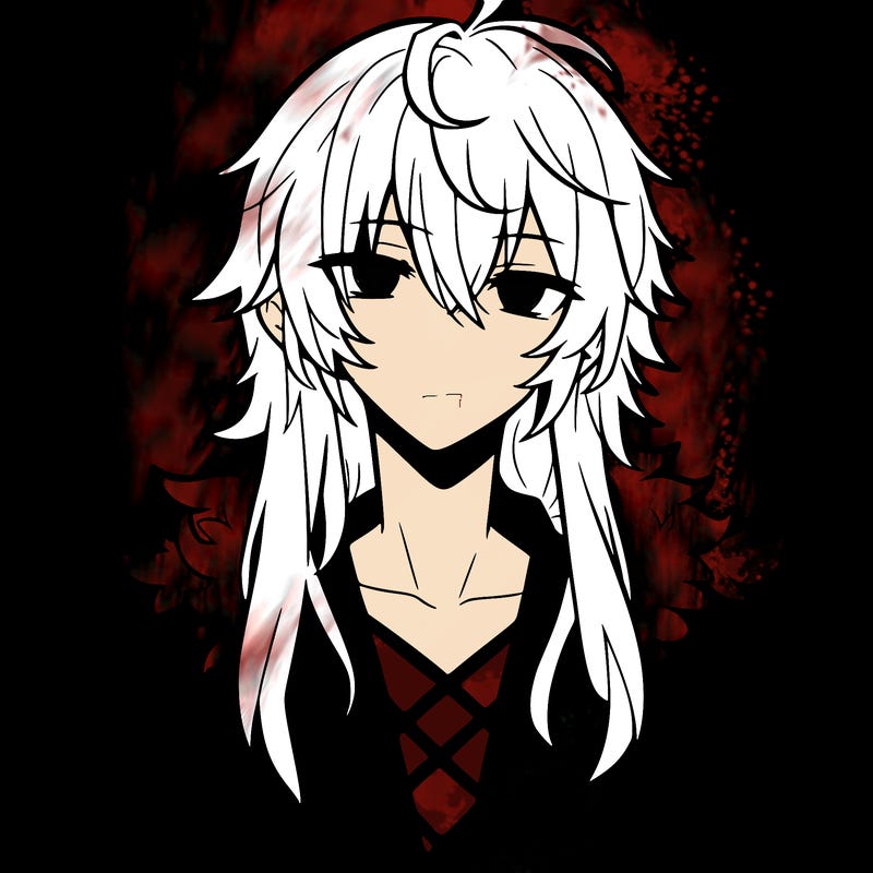 anime guy, long white hair, a red fluffy shirt