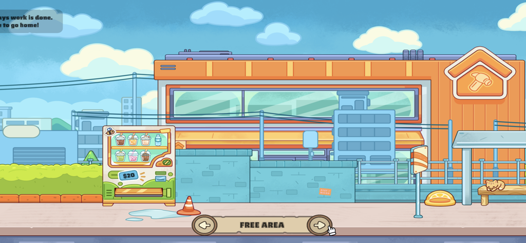 Pack & Ship - A colorful cartoon street scene from the game Pack and Ship featuring a shipping building a vending machine and a sleeping cat