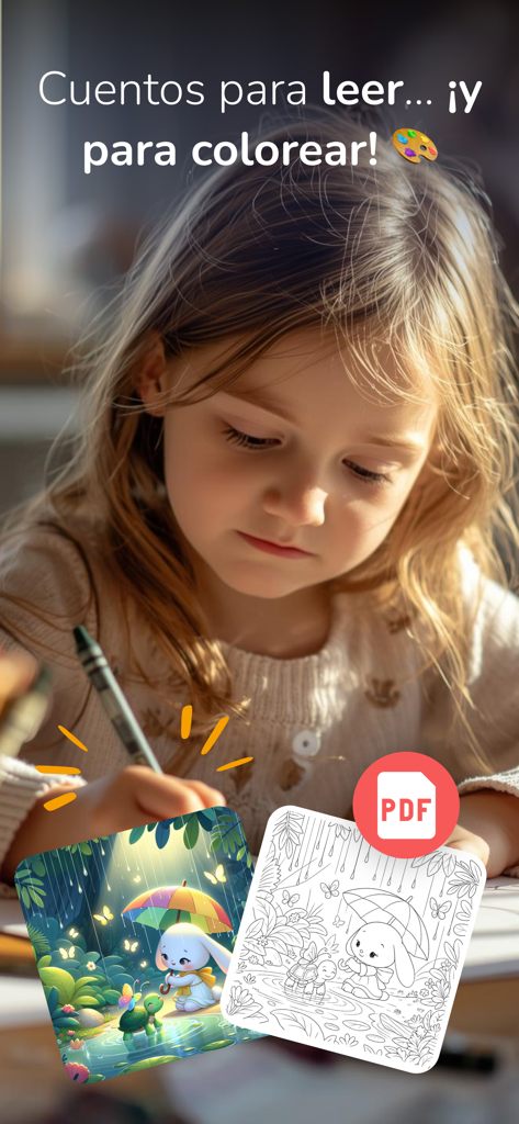 MiniTales: cuentos para peques - Una niña coloreando una ilustración de historia imprimible proporcionada por la aplicación MiniTales