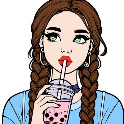 realistic girl with braided hair drinking boba