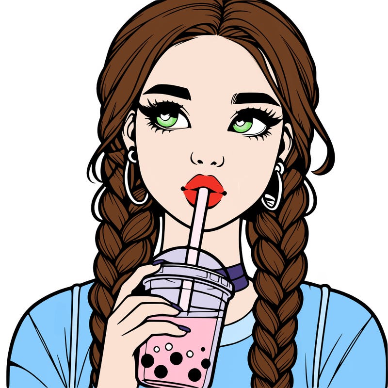 realistic girl with braided hair drinking boba