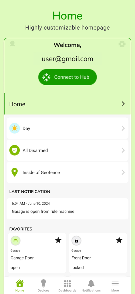 L'interfaccia home dell'app Hubitat Elevation che mostra una dashboard personalizzabile con stato di sicurezza, geofencing e controlli dei dispositivi preferiti