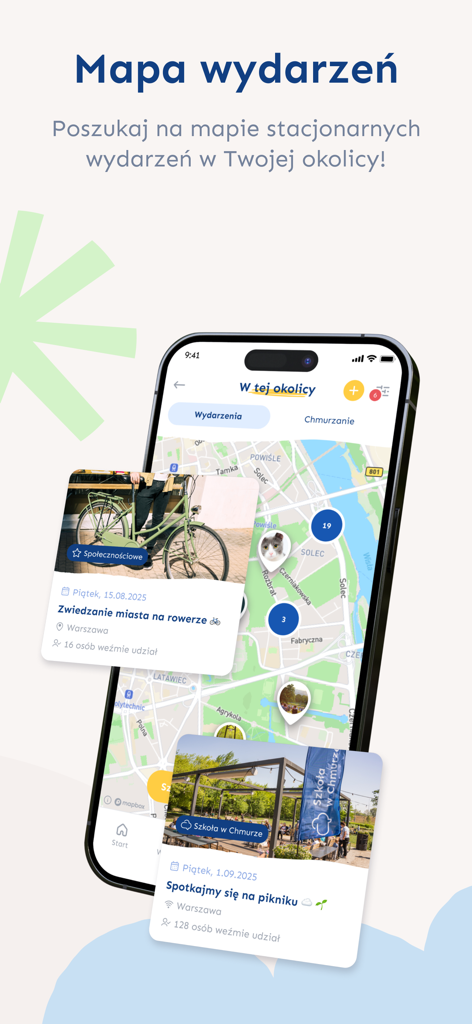 Szkoła w Chmurze - Interface do aplicativo Szkola w Chmurze exibindo um mapa com eventos comunitários como ciclismo na cidade e piqueniques para pais de ensino doméstico.