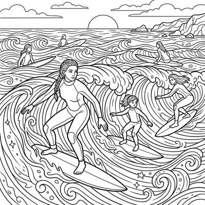 Dive into the exhilarating world of surfing with this captivating coloring page featuring powerful female surfers. Designed with large, clear outlines, it offers a relaxing and engaging artistic experience perfect for seniors.