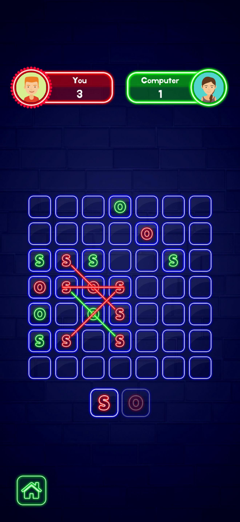 SOS Glow: Offline Multiplayer - Écran de jeu du jeu de société SOS Glow montrant une grille néon et les scores de match pour le joueur contre l'ordinateur