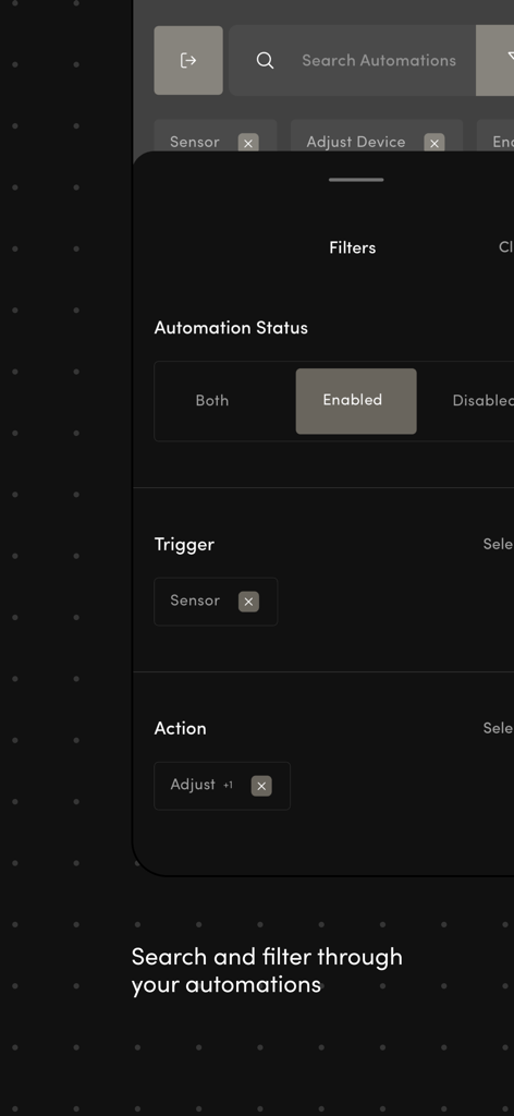 Automations for Home Assistant - A mobile interface for searching and filtering smart home automations by status, trigger, and action.