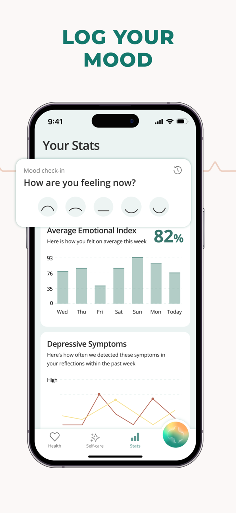 Pulsebit app interface for logging mood and viewing emotional index statistics on an iPhone