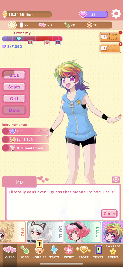 Crush Crush - Idle Dating Sim - Captura de tela da jogabilidade do Crush Crush mostrando a personagem de anime de cabelo arco-íris Iro com uma caixa de diálogo e interface de namoro