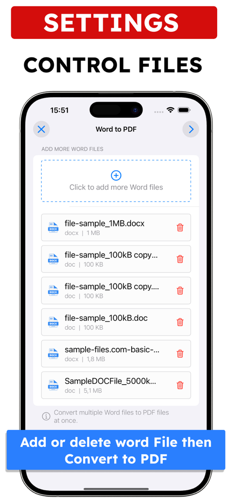 PDFに変換する前に複数のWord文書を管理するためのモバイルインターフェイス